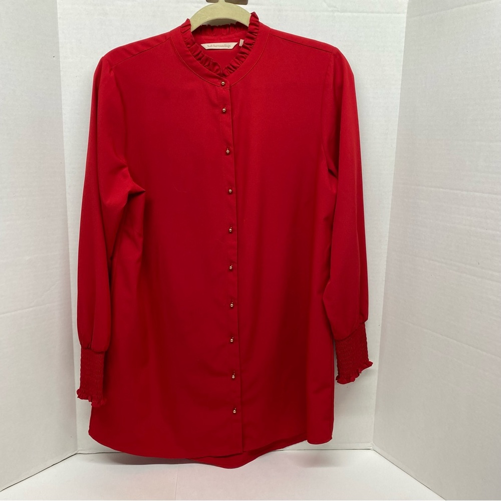 Soft Surroundings Vivan Solid Red Button Front Long Sleeve Blouse Tunic Size Med